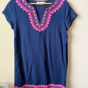 Vineyard Vines Navy Linen Tunic Dress with Pink Embroidered Trim